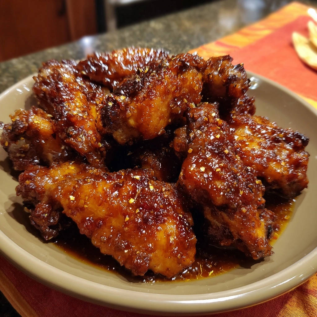 Sticky garlic ginger wings shown in a close-up view, coated in a rich, glossy glaze with visible spice flecks.