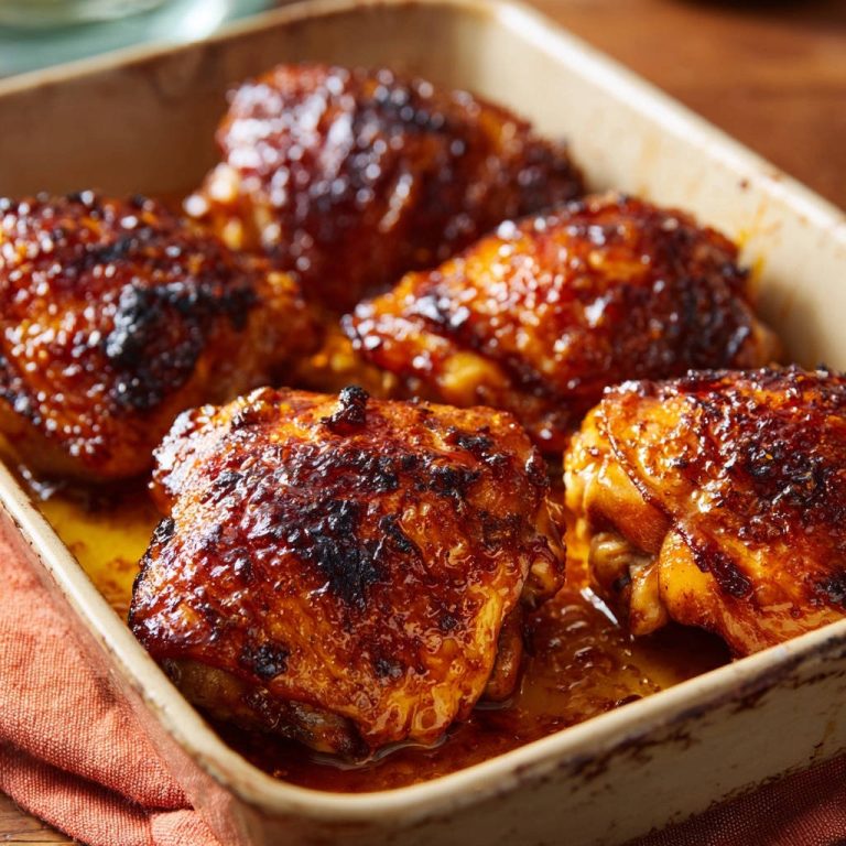 Sticky glazed chicken thighs shown up close in a baking dish with a glistening, caramelized coating.