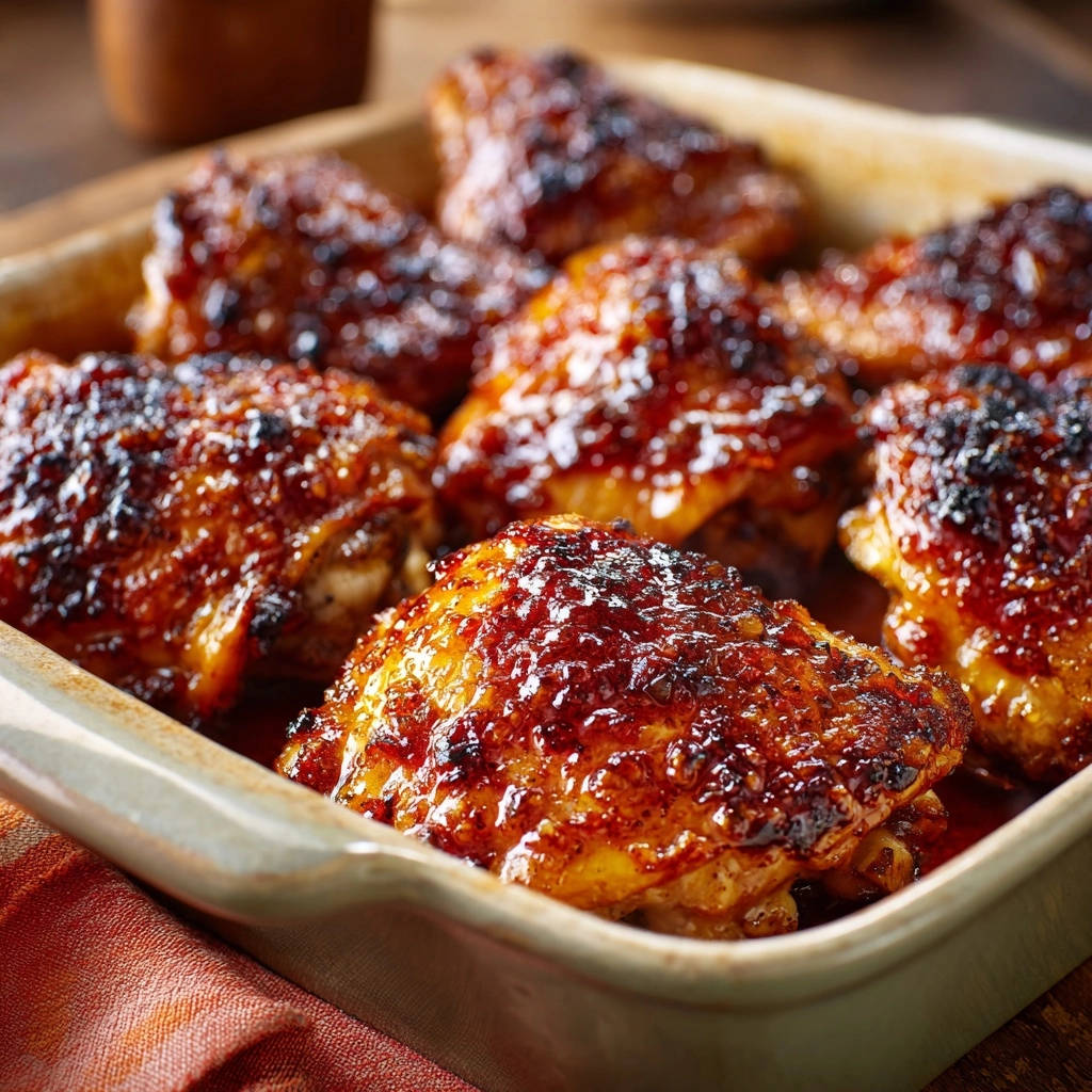 Sticky glazed chicken thighs shown close-up in a baking dish with a glossy, caramelized coating.