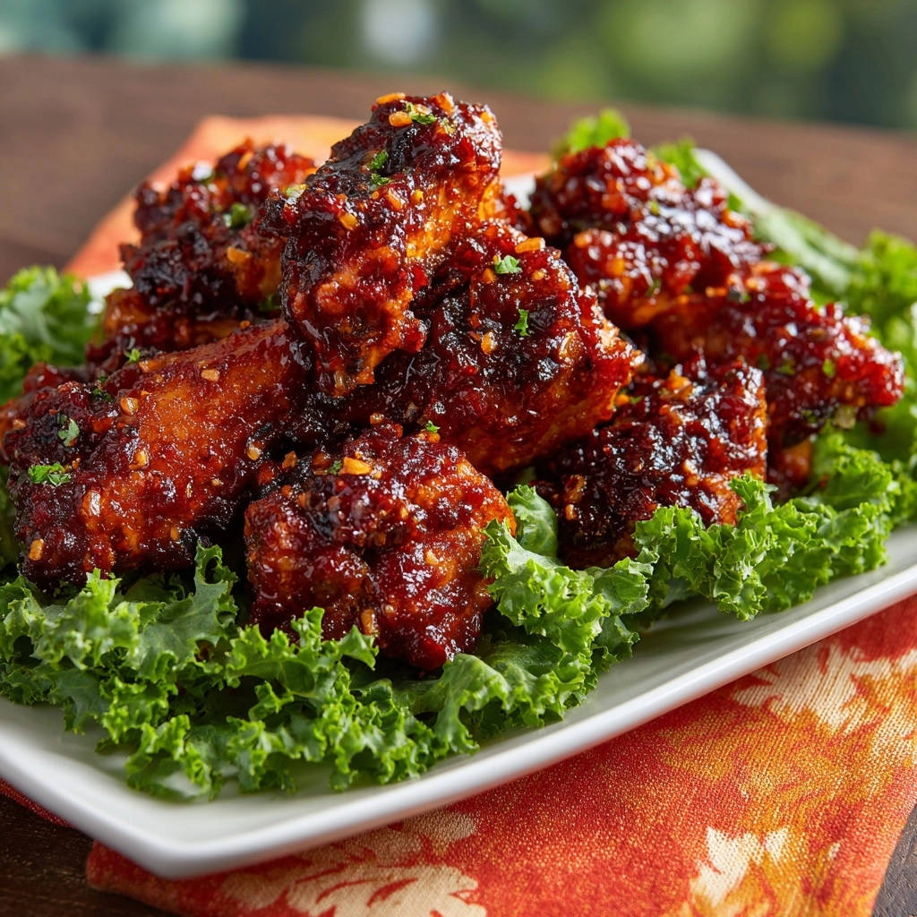Sticky sweet & savory chicken wings are coated in a glistening glaze, garnished with herbs and spices for a close-up view.