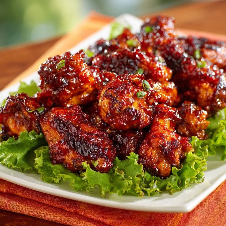 Sticky sweet & savory chicken wings plated on a bed of crisp green lettuce with a glossy glaze.
