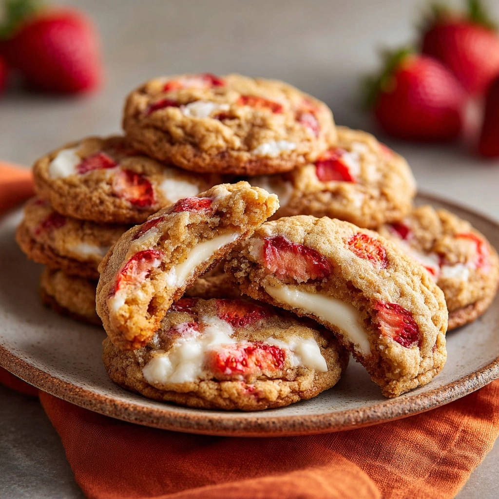 Strawberry cream cheese stuffed cookies shown in a cross-section revealing the gooey filling and fresh strawberry pieces.