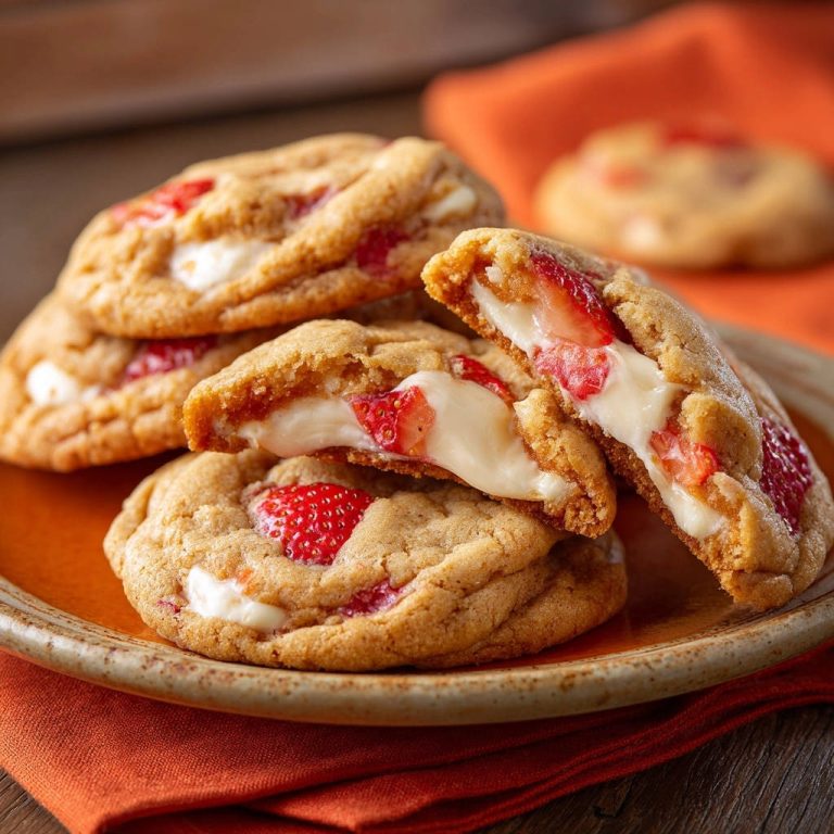 Strawberry cream cheese stuffed cookies cross-section showing the gooey cream cheese and fresh strawberry filling.