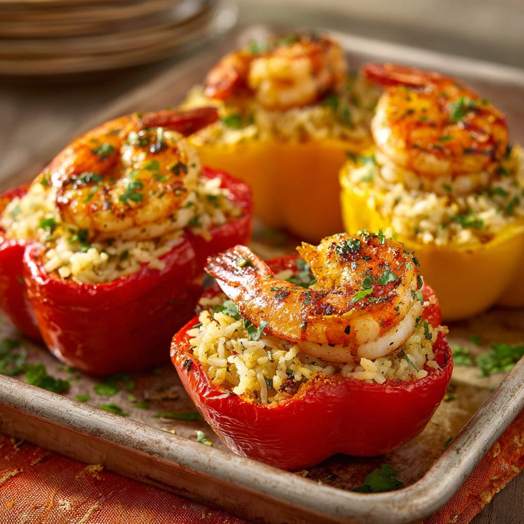 Stuffed bell peppers with shrimp and rice shown close-up on a baking tray, garnished with parsley.