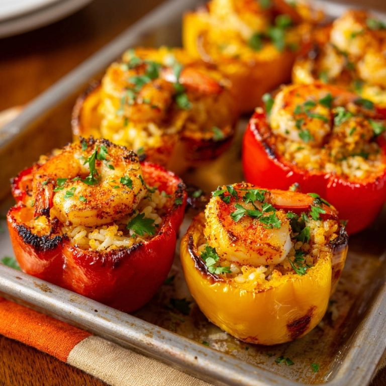 Stuffed bell peppers with shrimp and rice, a close-up view of the colorful peppers on a baking tray, garnished with parsley.