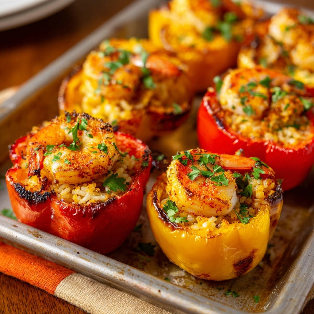 Stuffed bell peppers with shrimp and rice, a close-up view of the colorful peppers on a baking tray, garnished with parsley.