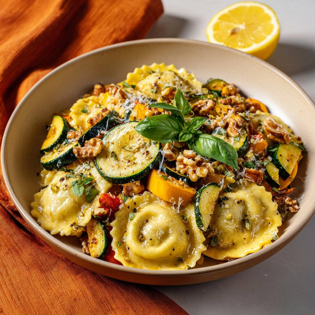 Summer ravioli with zucchini and corn in a silky sauce, shown in a close-up bowl view with fresh basil.