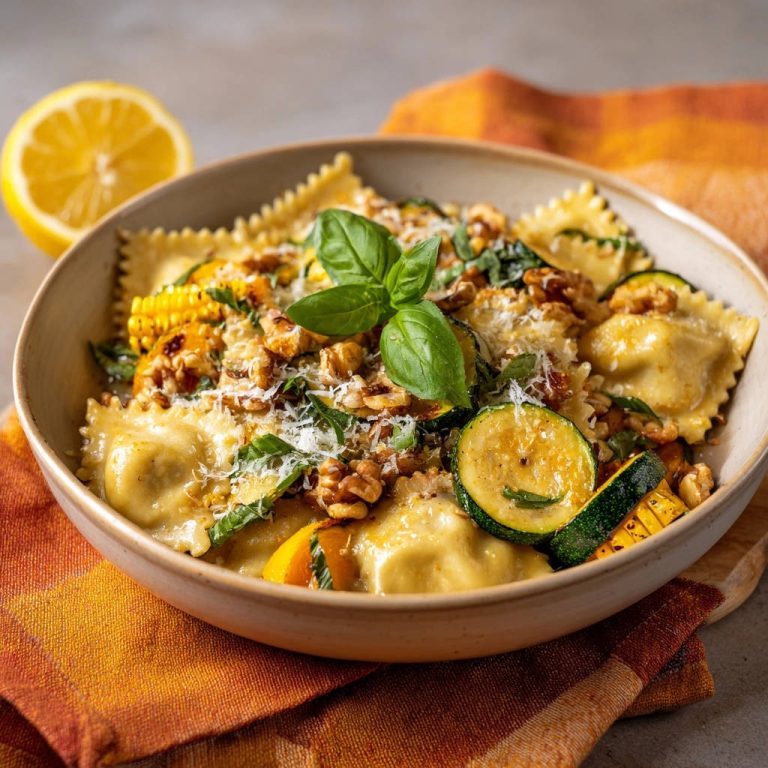 Summer ravioli with zucchini & corn in a creamy sauce, topped with walnuts and basil, served in a bowl.