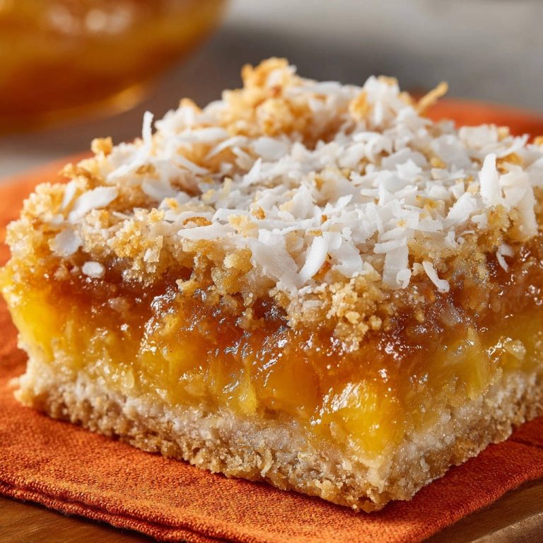 Sunny pineapple crumble bars, a close-up view of a single bar showing the layered crust, pineapple filling, and coconut topping.
