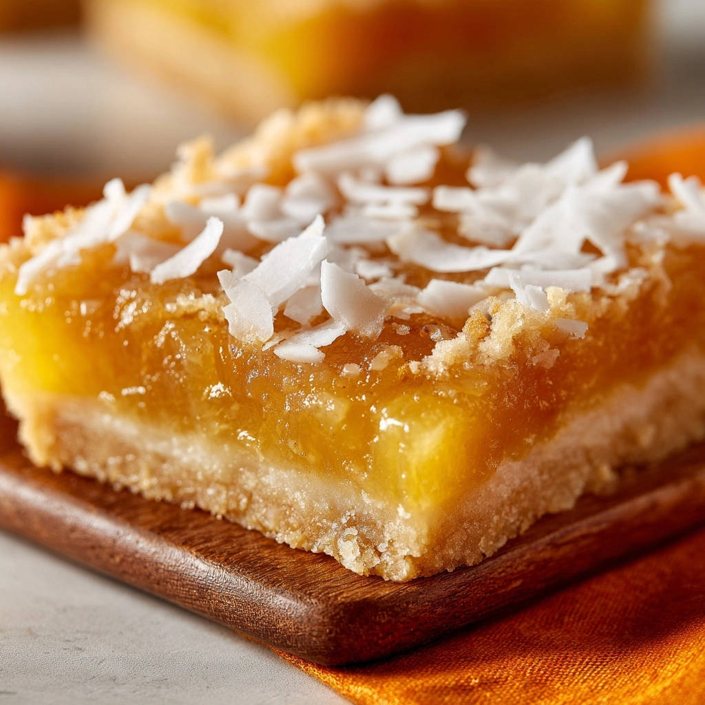 Sunny Pineapple Crumble Bars topped with shredded coconut, showcasing a close-up view of the texture.