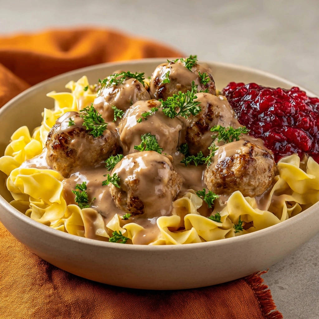Classic Swedish meatballs in a creamy sauce served with egg noodles and a side of cranberry sauce.