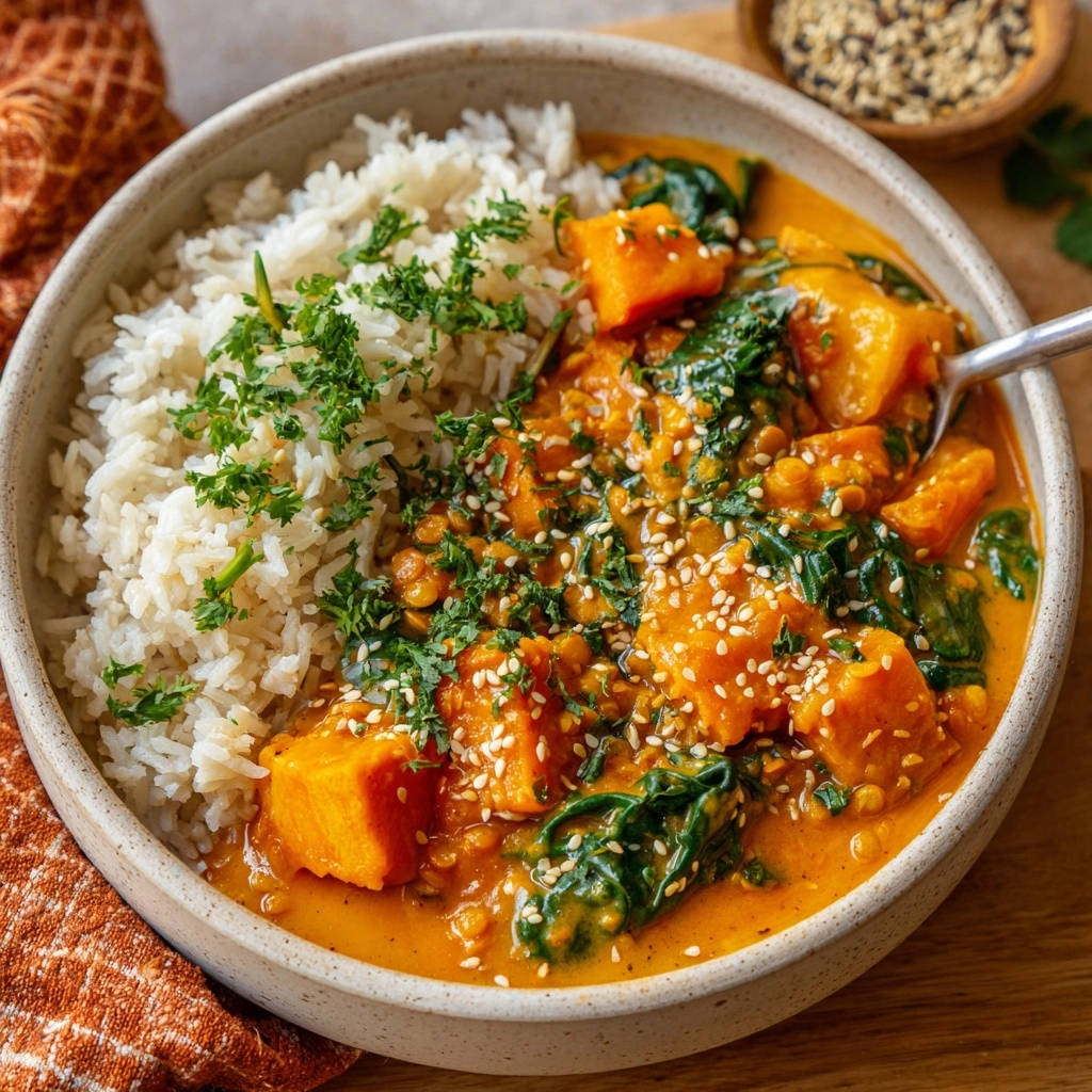 Vibrant sweet potato & lentil curry shown in a bowl with rice and a spoon, close-up detail.