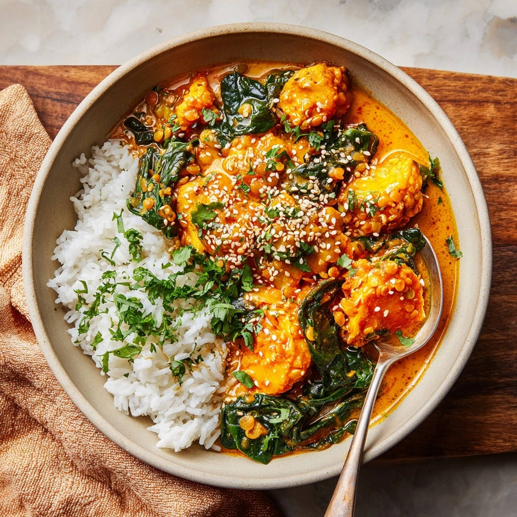 Vibrant sweet potato & lentil curry served in a bowl with rice, garnished with sesame seeds and cilantro.