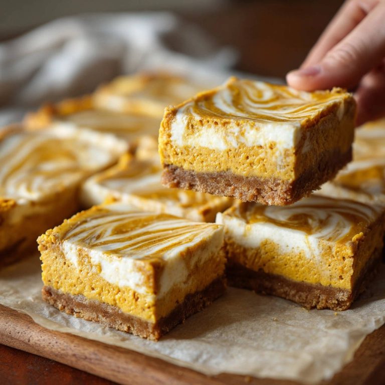 Swirled pumpkin cheesecake bars with a hand lifting a slice revealing a layered interior and crust.