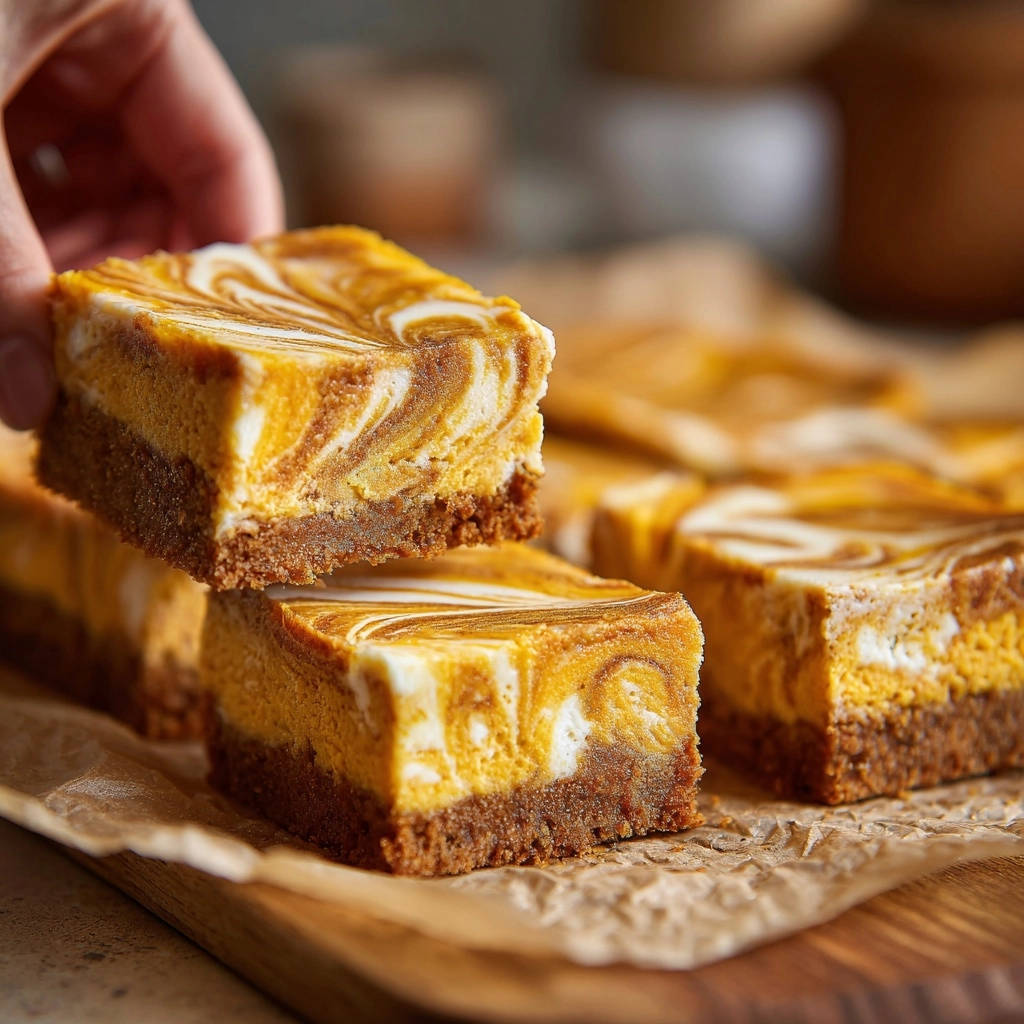 Swirled pumpkin cheesecake bars with a graham cracker crust, one slice stacked on top showing the layers.
