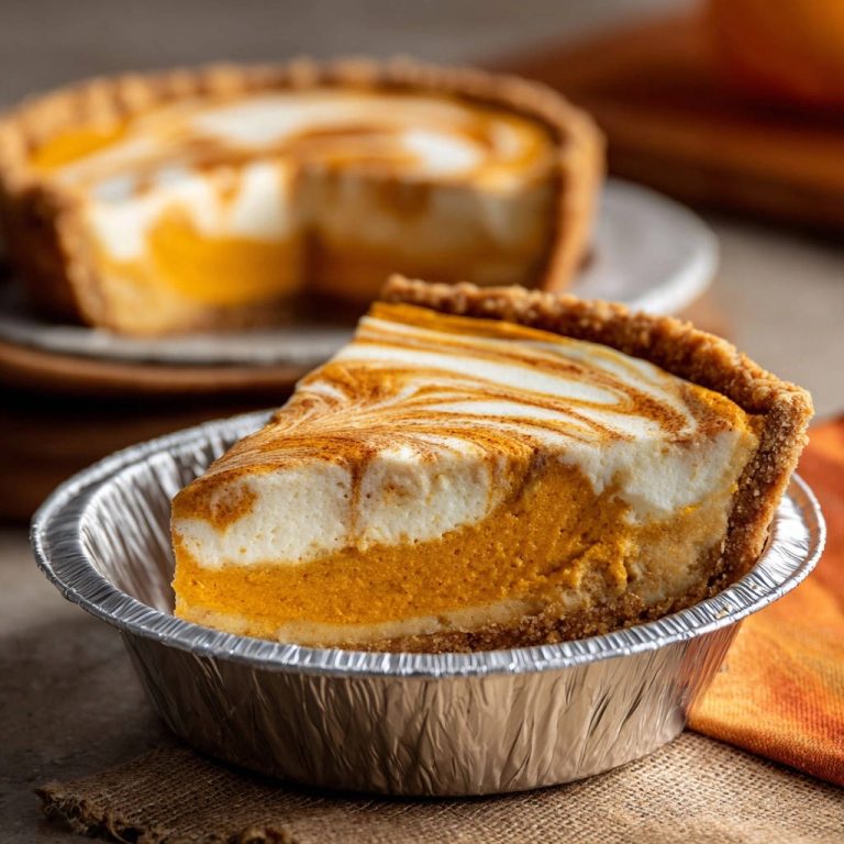 Swirled pumpkin cheesecake pie, a close-up slice showcasing the creamy filling and marbled topping in a foil pie tin.