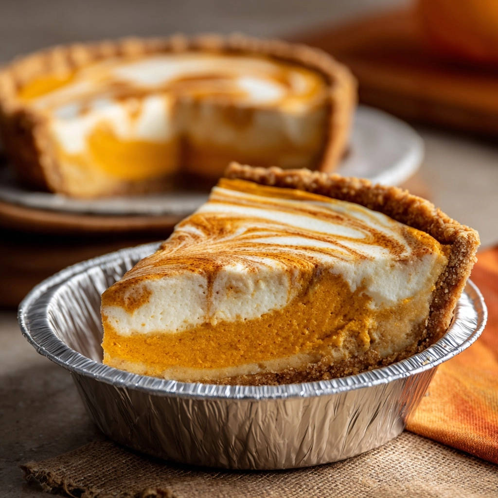 Swirled pumpkin cheesecake pie, a close-up slice showcasing the creamy filling and marbled topping in a foil pie tin.