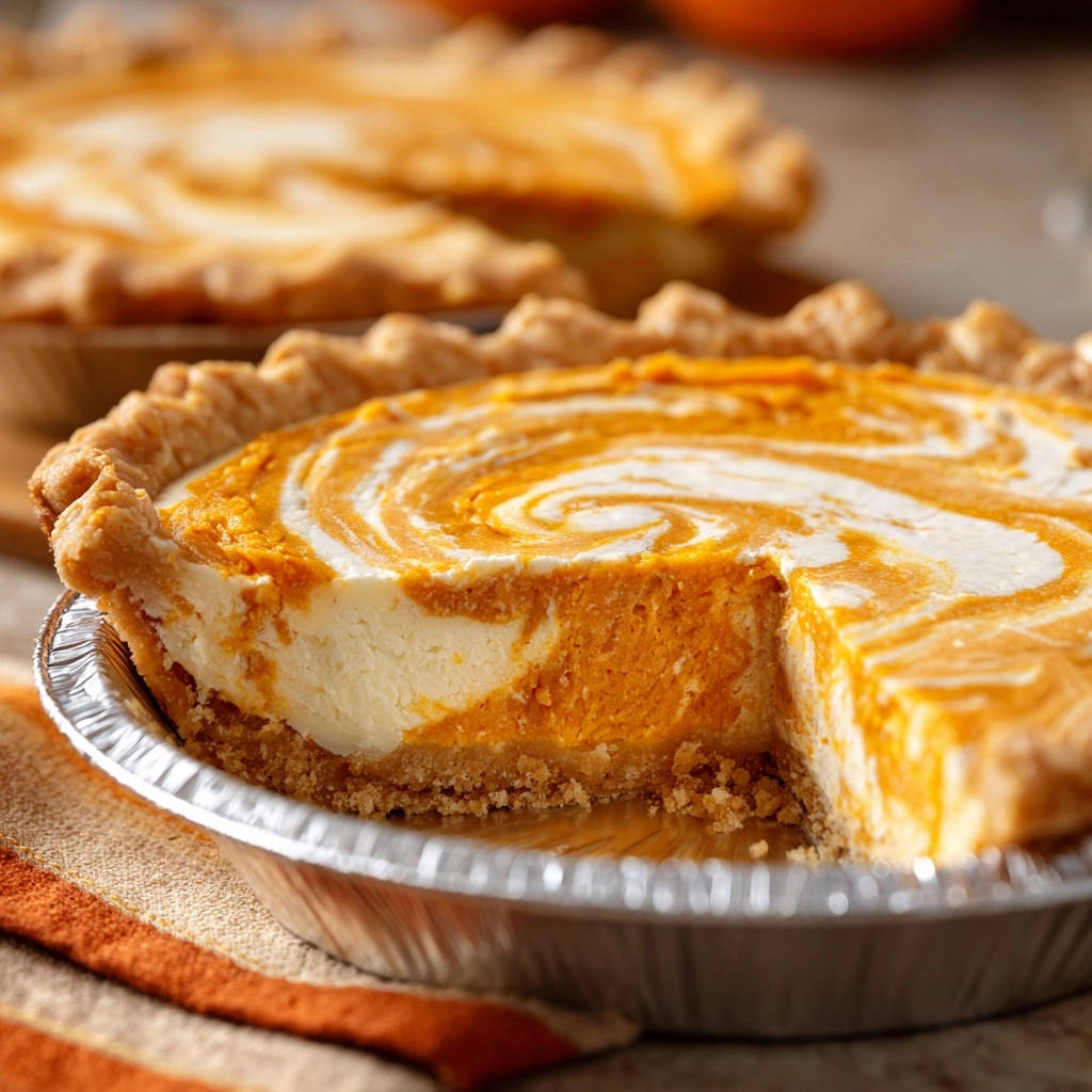 Swirled pumpkin cheesecake pie with a slice removed, showing the creamy white and orange layers and flaky crust.