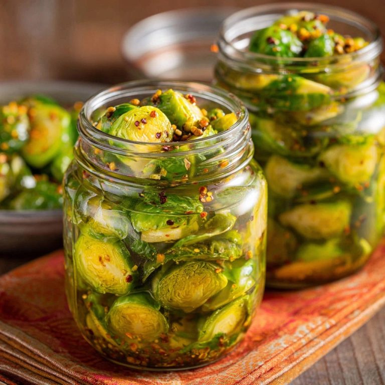 Tangy pickled Brussels sprouts displayed in clear glass jars with visible spices and brine.
