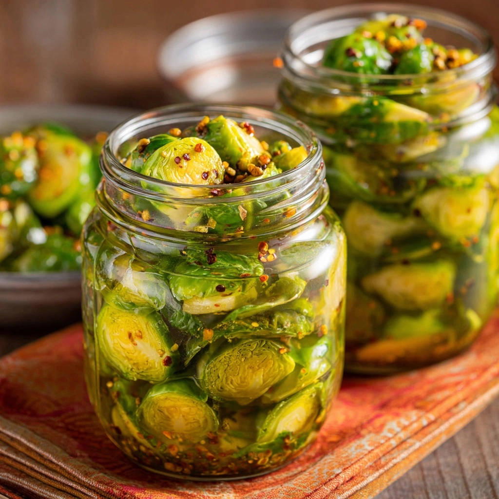 Tangy pickled Brussels sprouts displayed in clear glass jars with visible spices and brine.