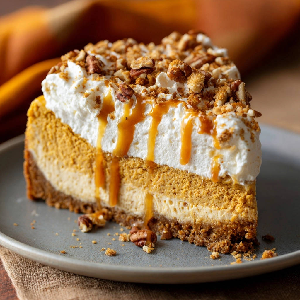 Two-tone pumpkin pecan caramel cheesecake slice plated with whipped cream and caramel drizzle
