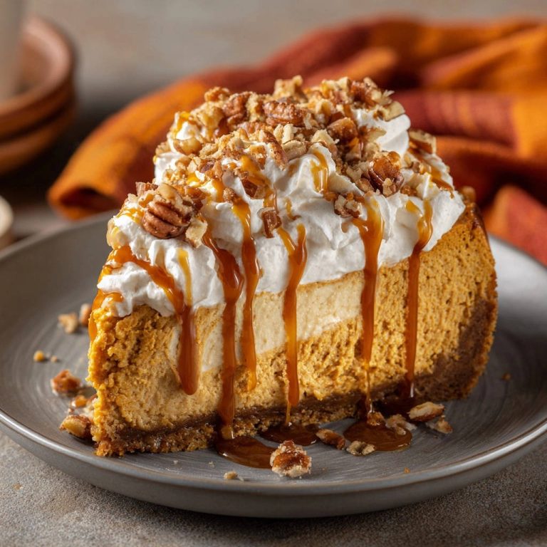Two-tone pumpkin pecan caramel cheesecake, a slice plated with whipped cream, caramel drizzle, and chopped pecans.