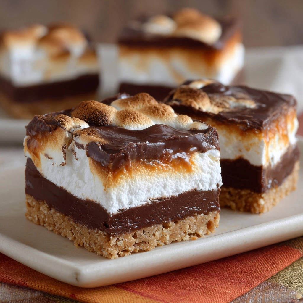 Ultimate S'mores Bars with toasted marshmallows, chocolate, and graham cracker crust shown in a close-up slice.