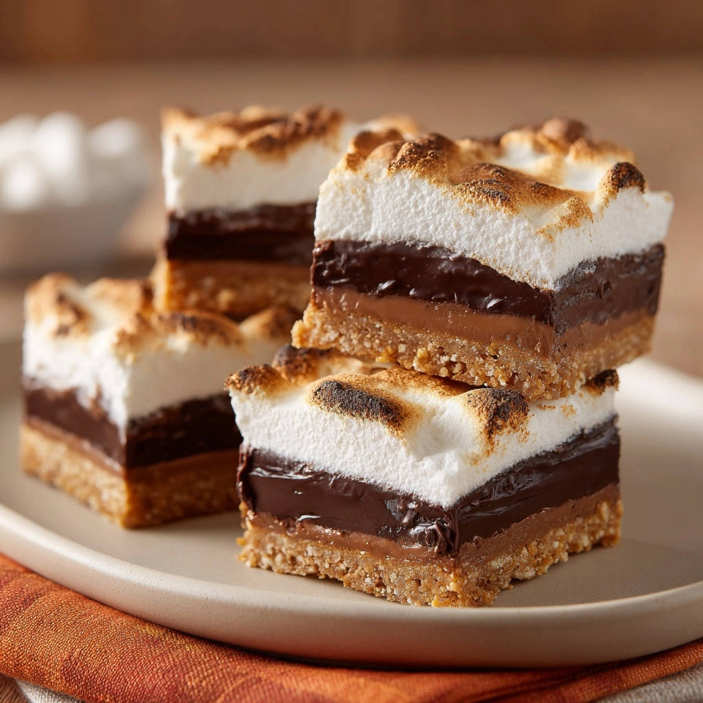 Ultimate S'mores Bars shown in a close-up cross-section stack, revealing toasted marshmallow and chocolate layers.