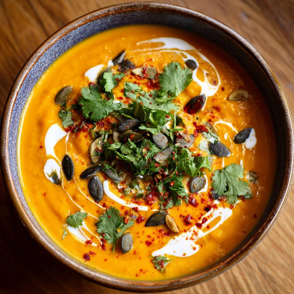 Velvety butternut squash soup garnished with cilantro, pumpkin seeds, and a swirl of cream.
