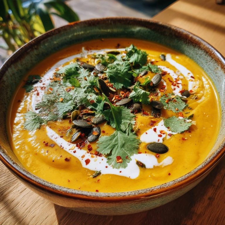 Velvety butternut squash soup garnished with cilantro, pumpkin seeds, and chili flakes in a rustic bowl.