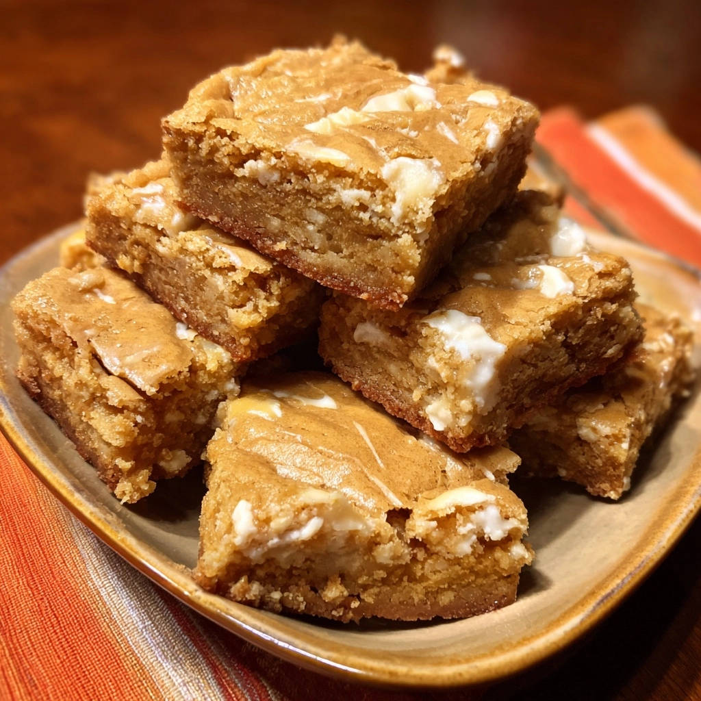 White chocolate chip blondies, a stack of fudgy and chewy squares with visible white chocolate chunks, shown up close.