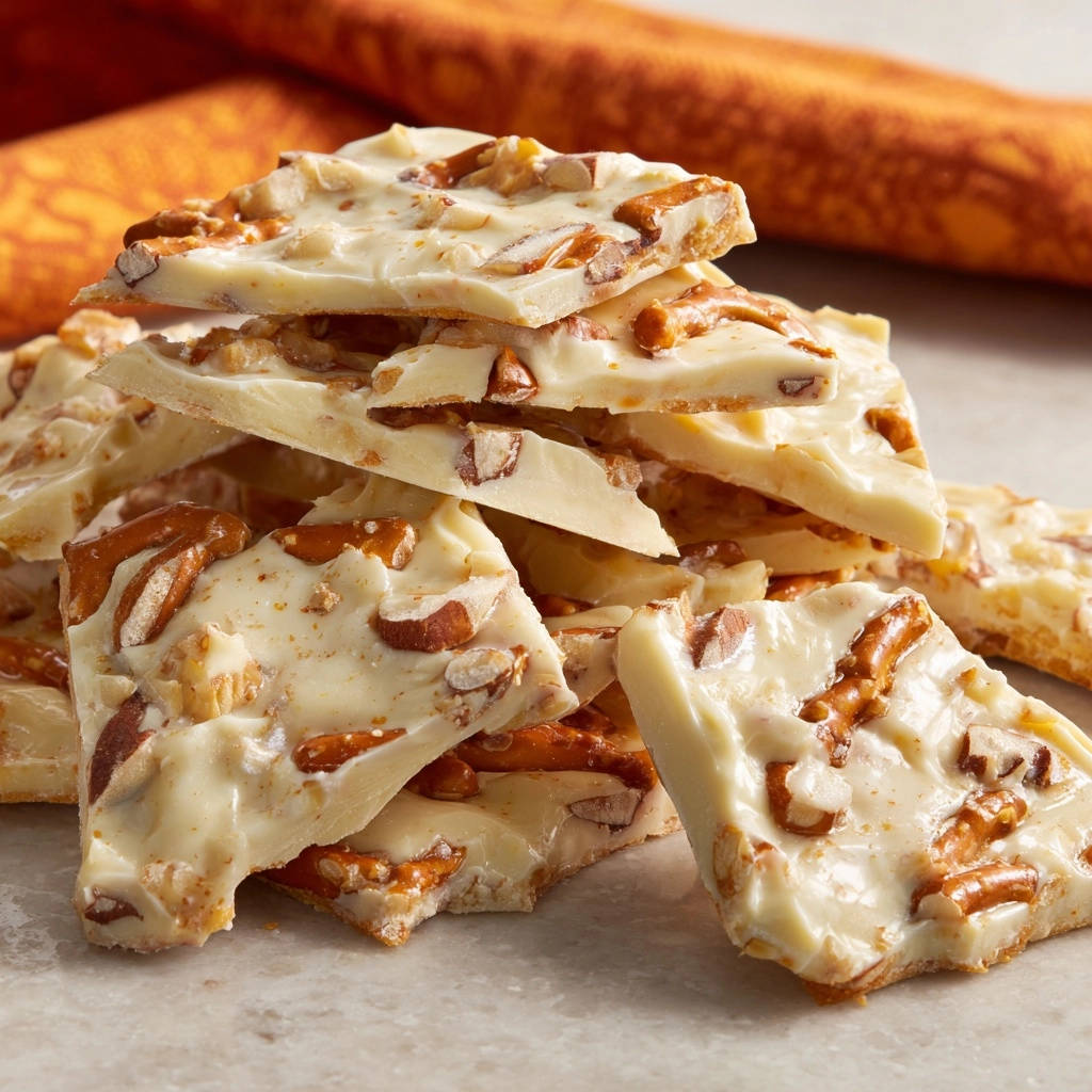 White Chocolate Pretzel Bark, a close-up view of broken pieces stacked to show the sweet and salty texture.