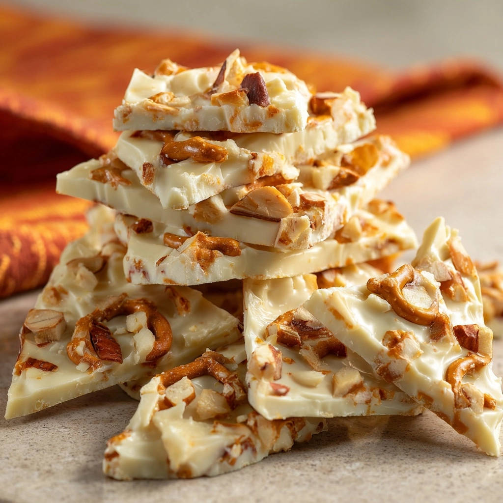 White chocolate pretzel bark shown as a stack of broken white chocolate pieces with pretzels and nuts.