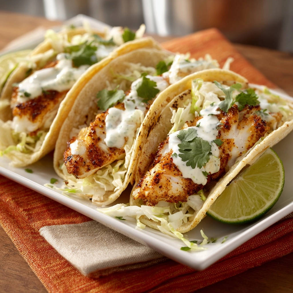 Zesty fish tacos with flaky white fish, shredded cabbage, and creamy sauce served on a white plate with lime wedges.