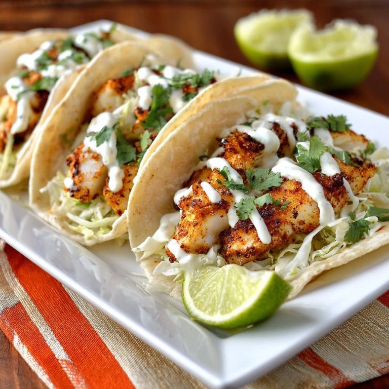 Zesty fish tacos on a white platter, garnished with cilantro and lime wedges, showcasing three tacos.
