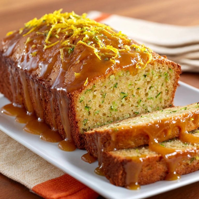 Zucchini bread with caramel drizzle, sliced to reveal its moist interior and glistening glaze.