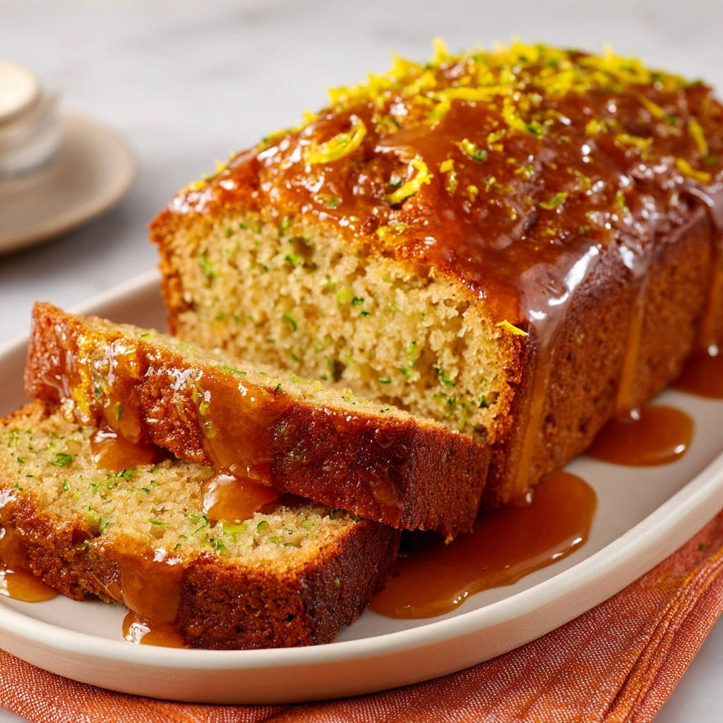 Zucchini bread with caramel drizzle, a close-up of two moist slices generously coated in sweet caramel glaze.
