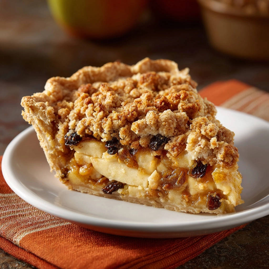 Apple crumble pie showing a detailed cross-section of the flaky crust and crumb topping.