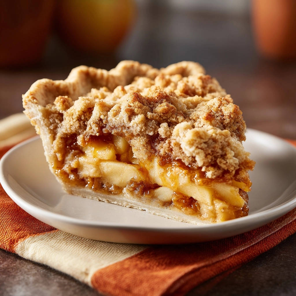 Apple crumble pie showing a close-up cross-section of the flaky crust and tender apple filling.