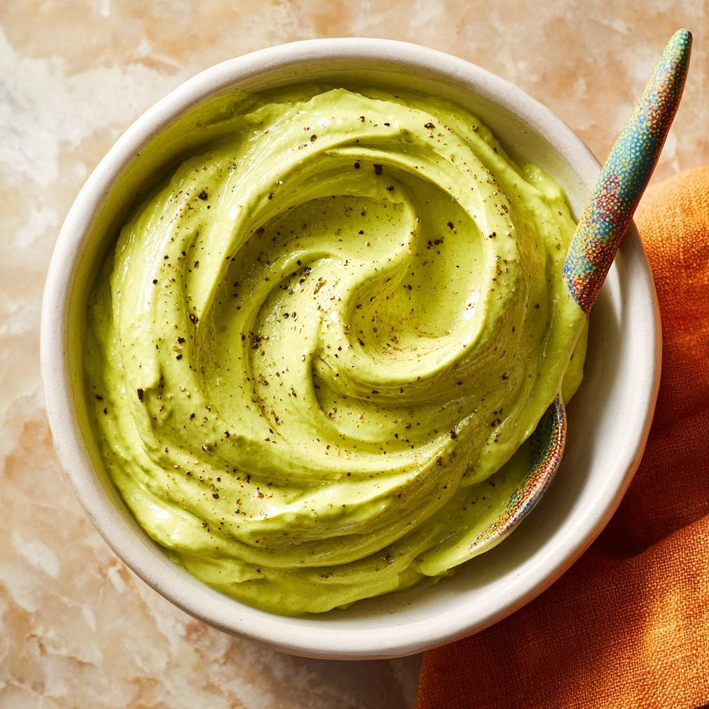 Ultra-Creamy Avocado Dream Dip with a beautiful swirl pattern and sprinkled with black pepper.