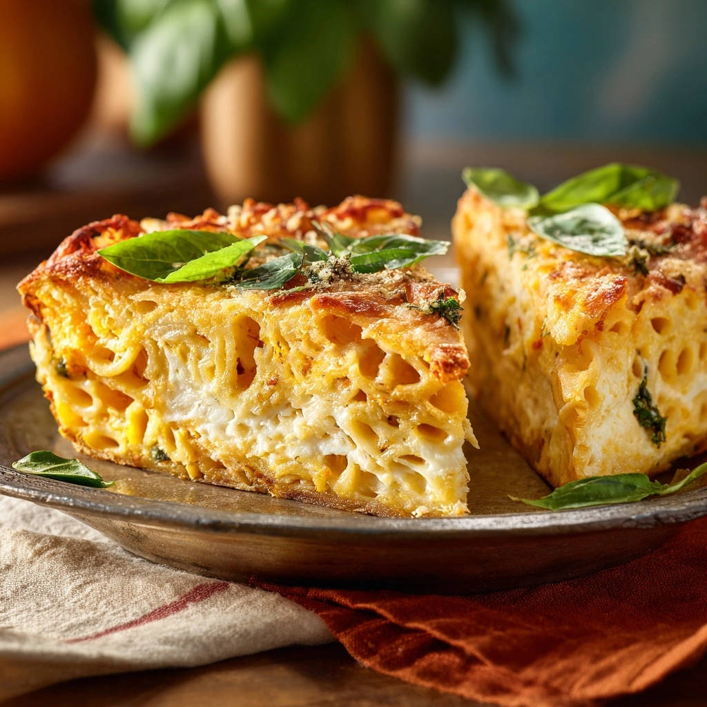 Classic baked mac & cheese showing a creamy cross-section with layers of pasta and cheese filling.