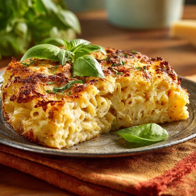 Classic baked mac & cheese shown in a close-up cross-section on a plate with basil garnish.