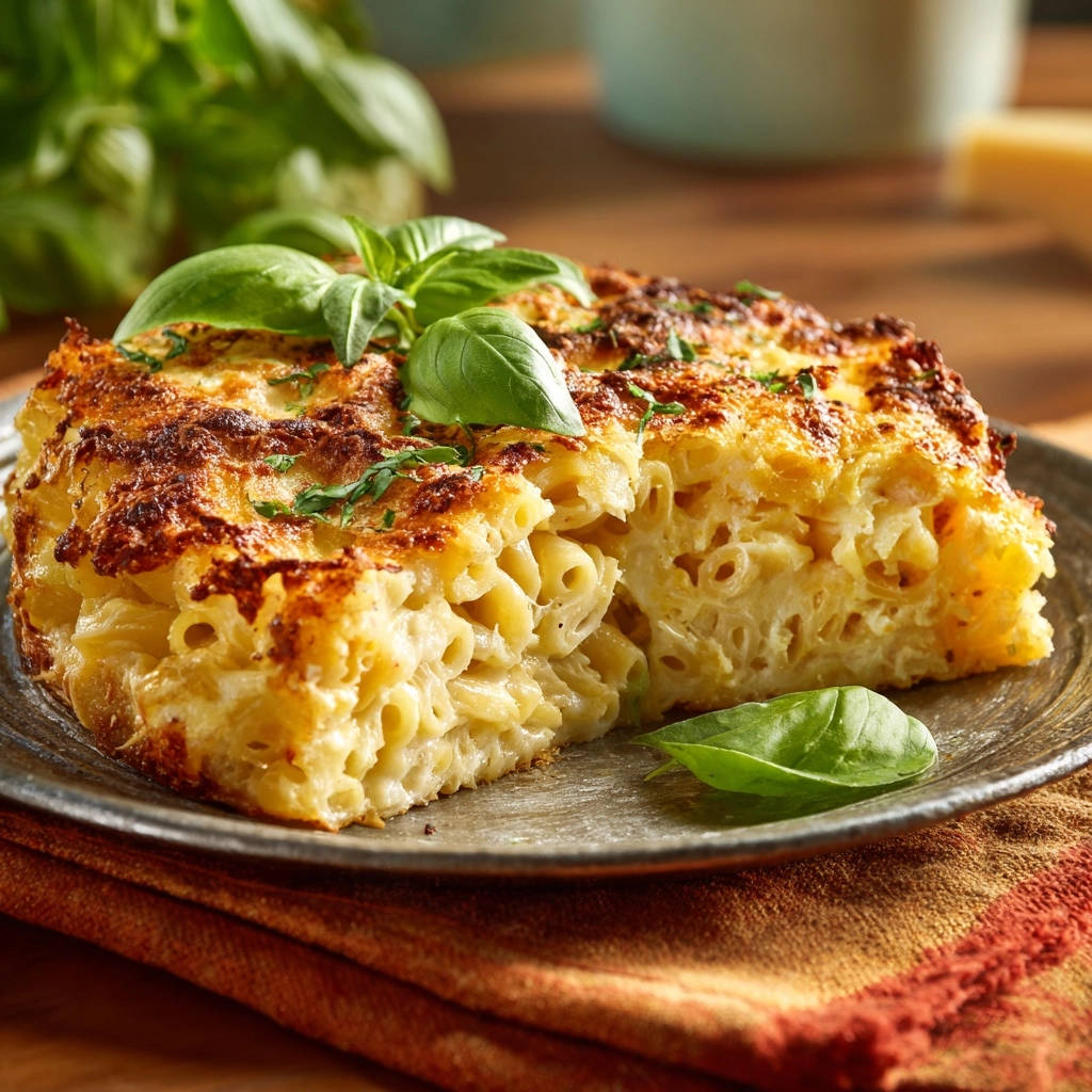 Classic baked mac & cheese shown in a close-up cross-section on a plate with basil garnish.