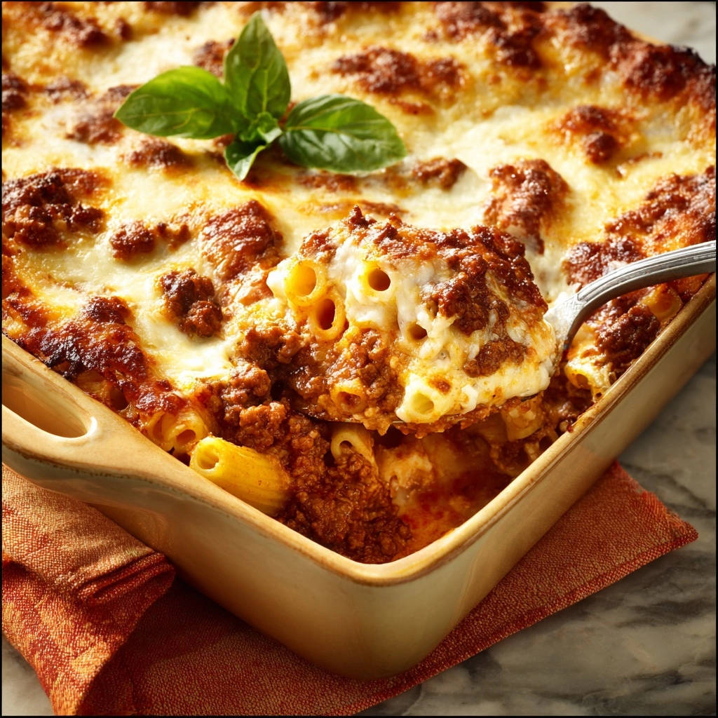 Baked ziti perfection shown in a close-up cross-section with a spoonful being lifted out.