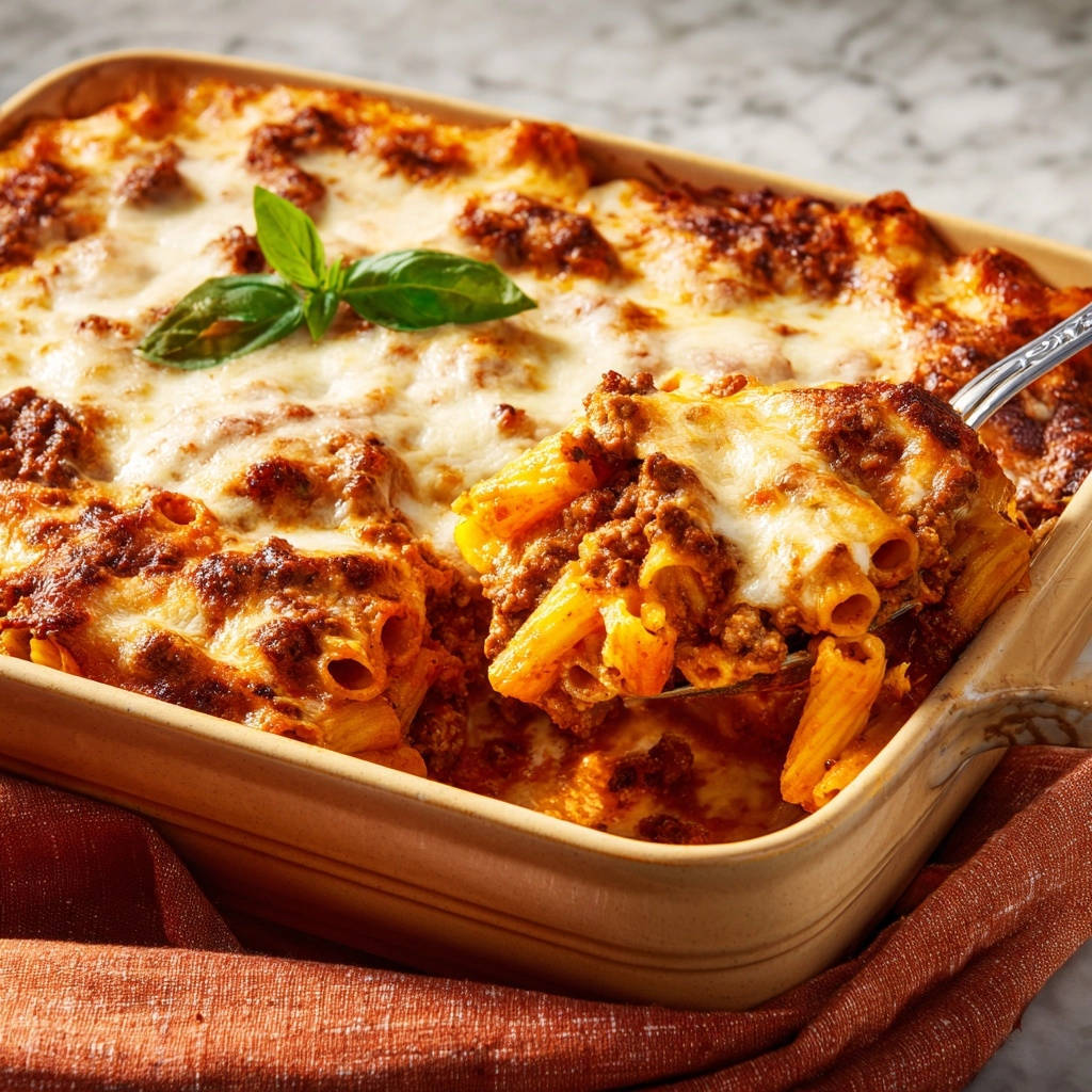 Baked ziti perfection shown with a serving spoon lifting a portion, revealing its cheesy, meaty layers.