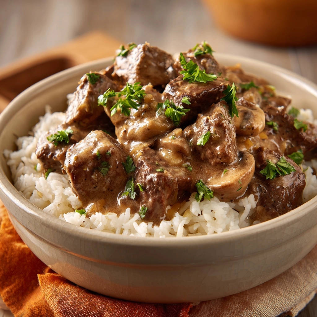Beef Stroganoff with Mushrooms served in a rustic bowl over white rice, garnished with parsley.