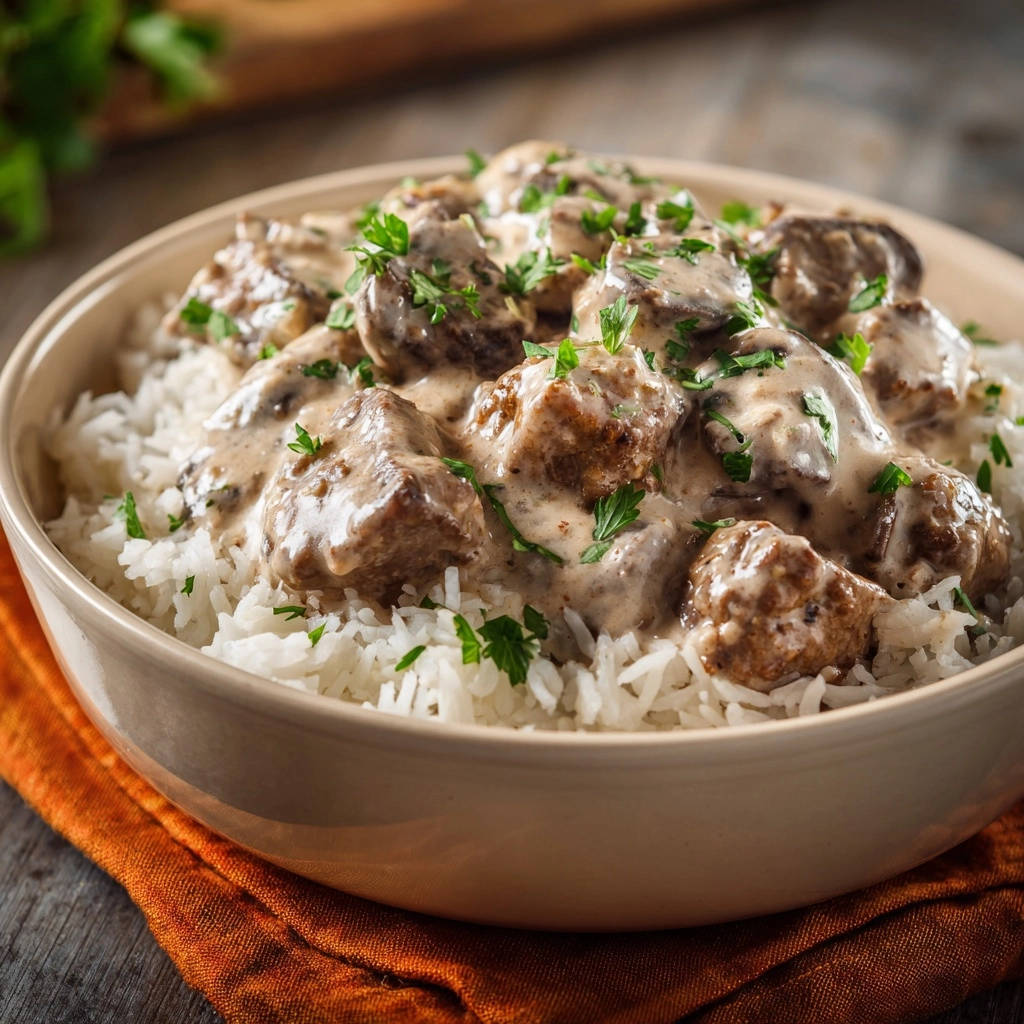 Beef Stroganoff with Mushrooms served in a bowl over white rice, garnished with fresh parsley.