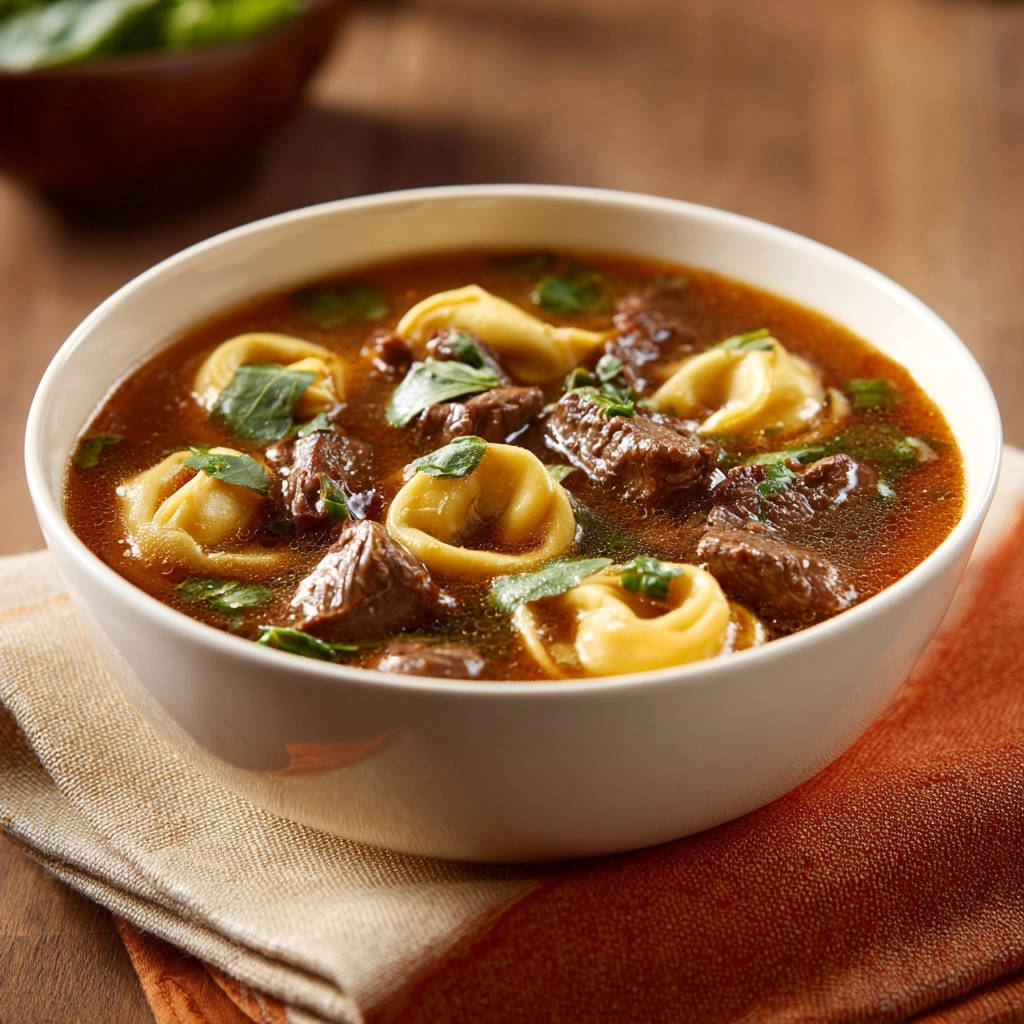 Hearty beef and tortellini soup served in a white bowl, showcasing the tender beef and pasta in broth.