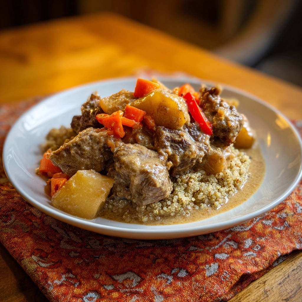 Hearty beef & veggie stew served plated on quinoa, showcasing tender chunks of meat and vegetables in a rich sauce.