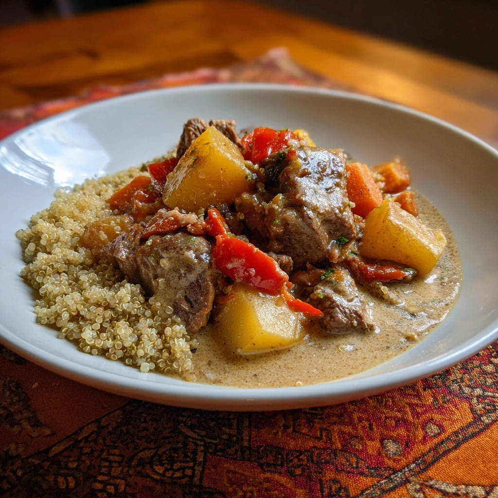 Hearty beef & veggie stew served in a white bowl with quinoa on the side, showing a close-up of the tender meat and vegetables.